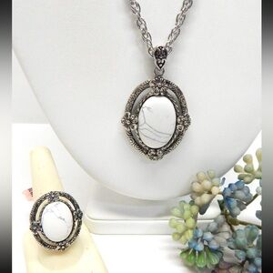 Stainless Steel and Howlite Pendant Necklace and Ring Set Size 8.5”